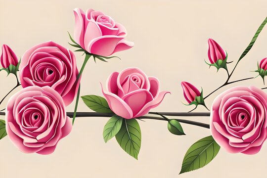 Vector horizontal seamless background with pink rosebuds. Generative AI