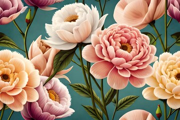Vintage seamless pattern, blooming garden flowers peonies, roses and tulips. Generative AI