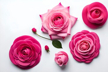 Assorted pink roses on white background, flatlay top view of rose flowers, floral graphic resources. Generative AI