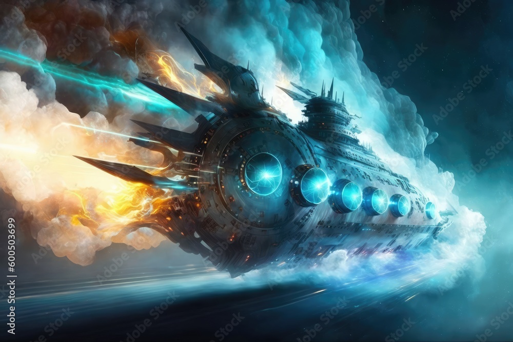 Poster gigantic spaceship travel into a quantum world. distinct generative ai image.
