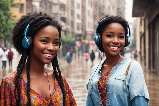 Portrait of two beautiful african girls. Happy girlfriends on a rainy city street listening to music with headphones. Generative AI.