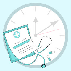 Hourly treatment with pills, the time of taking medications. doctor appointment time. Vector illustration.