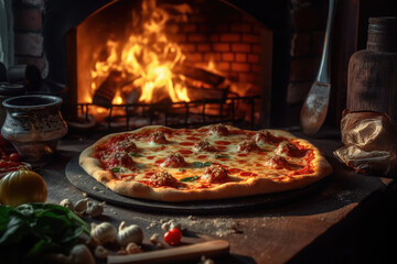 Homemade pizza with stove as background