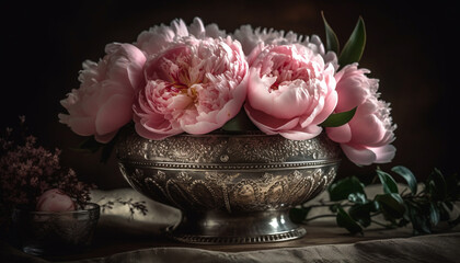 Romantic bouquet of pink peonies on rustic table generated by AI