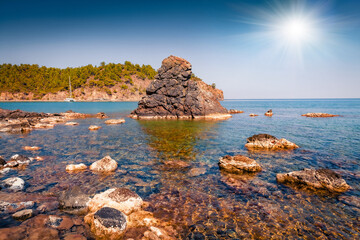 Calm Mediterranean seascape in Turkey. Bright view of a small azure bay near the Tekirova village,...