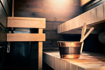Sauna in Finland. Spa in summer cabin. Wooden wellness steam room. Traditional Finnish relax...