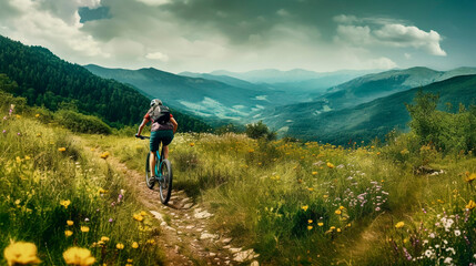 Mountain biking woman riding on bike in summer mountains forest landscape with Generative AI technology