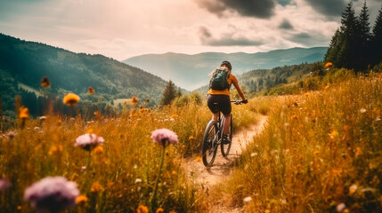 Mountain biking woman riding on bike in summer mountains forest landscape with Generative AI technology
