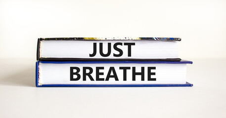 Just breathe and psychological symbol. Concept words Just breathe on beautiful books. Beautiful white table white background. Business psychological and Just breathe concept. Copy space