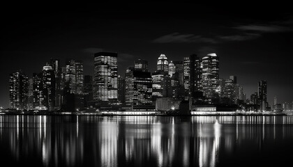 Fototapeta na wymiar Dark city skyline reflects on waterfront at dusk generated by AI