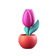Tulip flower 3d icon illustration on stem with leaves with different blossom shape in pink color isolated on transparent png background Generative ai