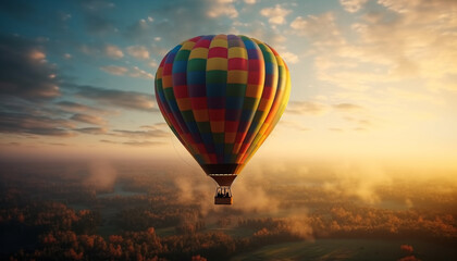 Colorful balloon soars over mountain range at dawn generated by AI