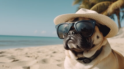 Cute pug in the straw hat and modern sunglasses chilling on the palm beach, vacation illustration with copy space, generative AI - obrazy, fototapety, plakaty