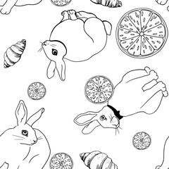 Seamless graphic pattern with rabbits and orange slices. For printing on kitchen textiles, packaging, wrapping paper. For website design of confectionery, restaurant, cafe, grocery store. Vector