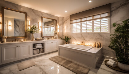 Fototapeta na wymiar Luxury bathroom with marble flooring and illuminated sink generated by AI