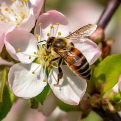 Bees collect pollen on white and pink flowers of an apple tree in spring with beautiful colors and sunlight, AI generative content.
