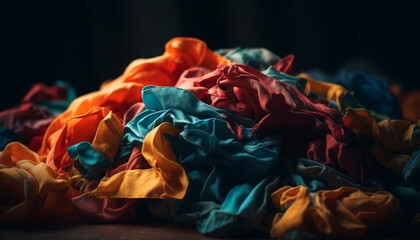 Vibrant colors of crumpled silk textile stack generated by AI
