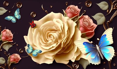 3D rose flower and butterfly background amazing design, Generative AI 