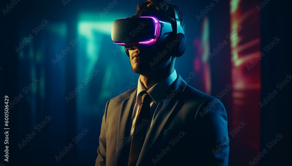 Poster smiling businessman using wireless technology in studio generated by ai