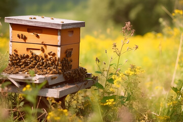 Beehive with bee colony in a meadow in summer, honey production, generative AI.