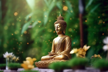 Buddha statue in a zen garden, meditation and Buddhism concept. Generative AI