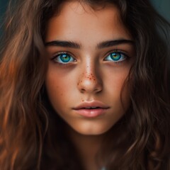 Closeup shot of a woman face with calm expression, model, blue eyes, beauty ai, ai generative, illustration