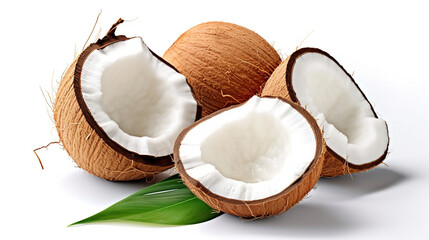 Coconut with half and leaves on white background. Generative Ai