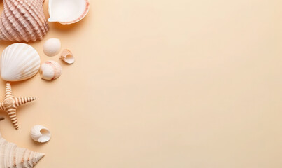 Shells and seashells on a sandy background. Copy space on the right. Generative AI