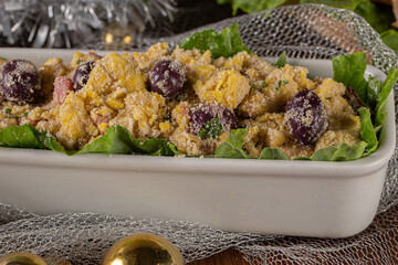 Brazilian farofa. Made from manioc flour, egg, bacon and sausage. Served for festive dinner