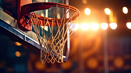 Fototapeta na wymiar Basketball hoop in a professional basketball arena. Generative Ai