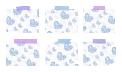 cute sticky notes with heart pattern and tape strips on transparent background, extracted, isolate, png file