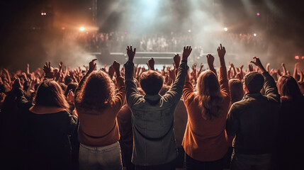 Fototapeta na wymiar people at a music concert raising their hands. Generative Ai
