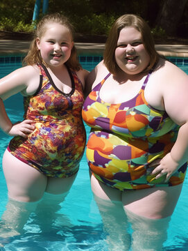 Two fat girls (a mother and a daughter) enjoying a day at the pool and wearing a swimsuit. Generative AI