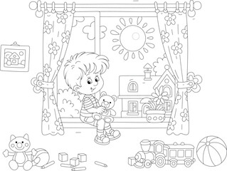 Little boy with his teddy bear and other funny toys in a nursery room by a window with curtains and a sunny summer landscape in a background, black and white vector cartoon