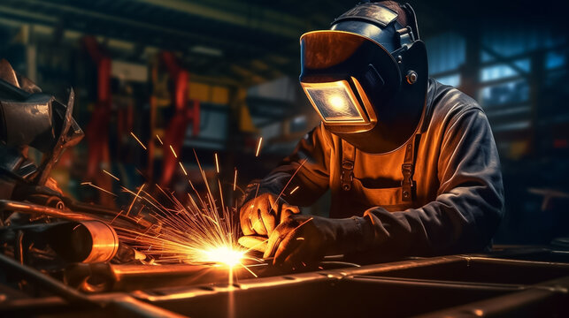 Welder in protective iron mask, helmet is welding automotive steel parts, blur factory background. Concept for industrial manufacturing. Generative AI