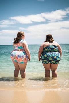 Two fat girls with a swimsuit and facing the sea, seen from behind. Generative AI