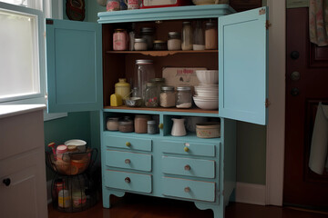 Hoosier Cabinet - United States - A free-standing kitchen cabinet with multiple shelves, drawers, and compartments, popularized in the United States in the early 20th century (Generative AI)
