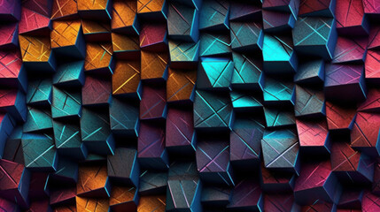 Real seamless texture background, 3d material of steel, glass and silver, colored geometric shapes of abstract shapes. Generative AI