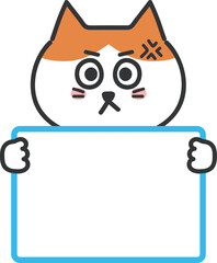 Angry orange tabby cat informing something with a blank sign, vector illustration isolated on a transparent background.