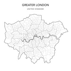 Administrative Map of the Greater London and the City of London with Ceremonial Counties, London Boroughs, and Wards as of 2023 - United Kingdom, England - Vector Map