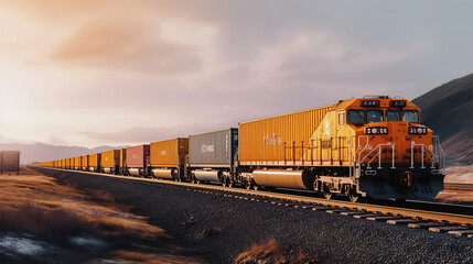 Obraz premium Container Freight Train with cloudy sky. Generative Ai