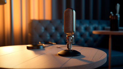 Studio table, microphone , 3d style, render,Podcast
