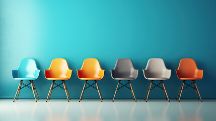 Modern colorful vintage chairs standing in interior empty blue room for copy space. Generative Ai