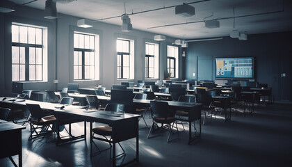 Fototapeta na wymiar Empty classroom with modern chairs and desks generated by AI