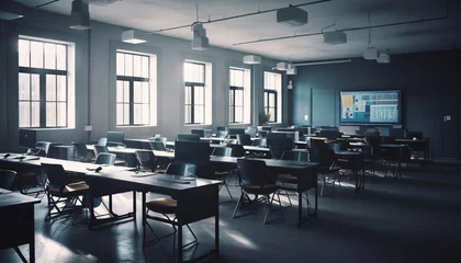 Foto op Canvas Empty classroom with modern chairs and desks generated by AI © djvstock