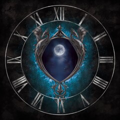 Gothic Silver frame on blue fire with Two Dragons Roman Clock design. Freehand digital painting. Fantasy art. Ready for print.