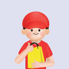 Happy cartoon man character courier in red t-shirt and cap stand over white background with shopping bag. Online shopping and delivery concept. 3d render illustration.
