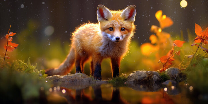 fox animal, bright wildlife, vibrant blured background, Generative AI