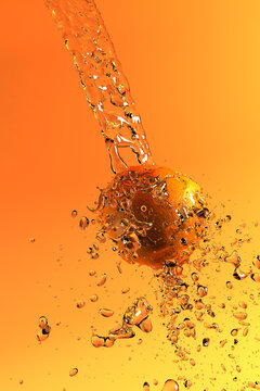 the orange under the juice splashes 3d rendering