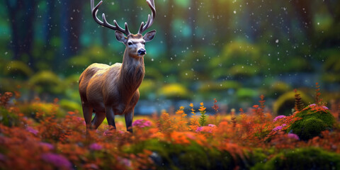 elk animal, bright wildlife, vibrant blured background, Generative AI